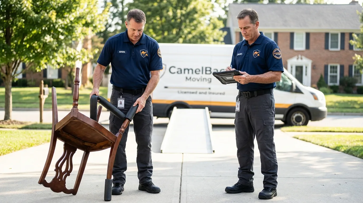 Movers inspecting furniture for damage prevention before loading in Frackville, PA