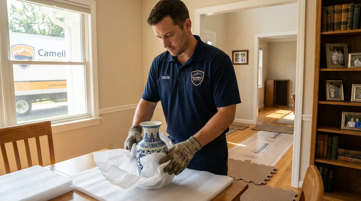 Professional crew carefully wrapping antique vase for senior downsizing move in Frackville, PA